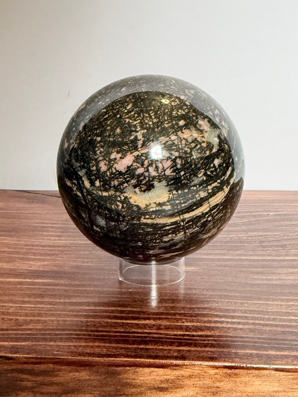 Large Rhodonite Sphere – Dendritic Landscape Collector Grade 36.8oz Polished Orb